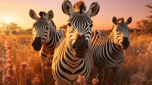 Zebras stehen im hohen Gras  Gruppe von Zebras im Sonnenuntergang in der Savanne