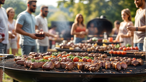 shish kebab on skewers on the grill, Various meats and vegetables getting grilled on a backyard grill during a barbeque party