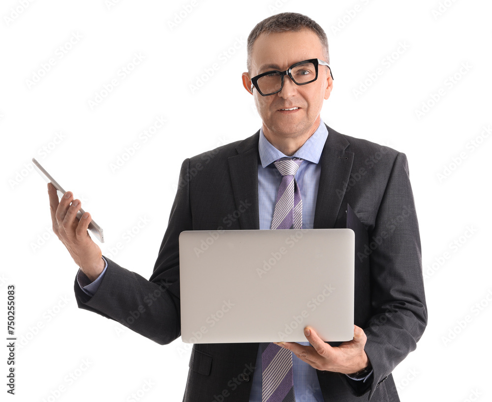 Funny businessman with askew glasses, laptop and mobile phone isolated on white background Funny businessman with askew glasses, laptop and mobile phone isolated on white background