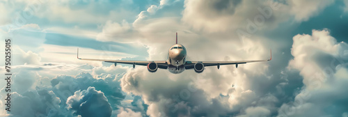 Commercial Airplane Flying Through Clouds in Wide Banner Design for Vacation and Travel Themes