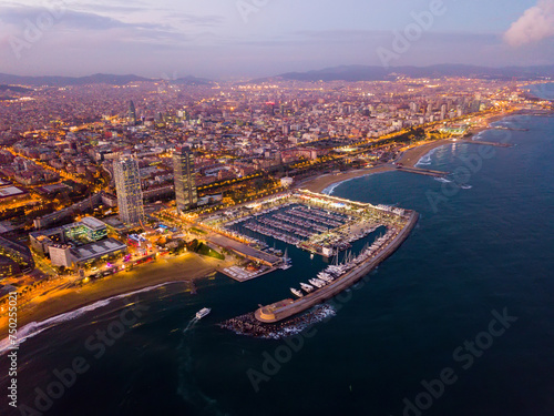 Aerial view from drones of coast in Barcelona and center with building