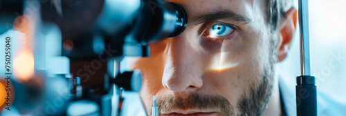 Doctor at Optical Clinic with Advanced Ophthalmoscope Equipment Looking into Patients Eyes Futuristic Eye Care Theme photo