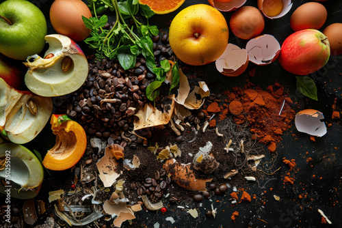Assortment of Fresh Fruits, Vegetables, Nuts, and Coffee on a Dark Backdrop. Composting