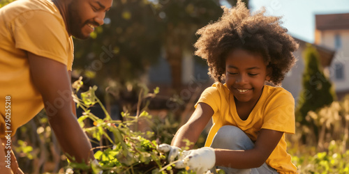 Man and Young Girl Gardening Together Outdoor in Sunlight