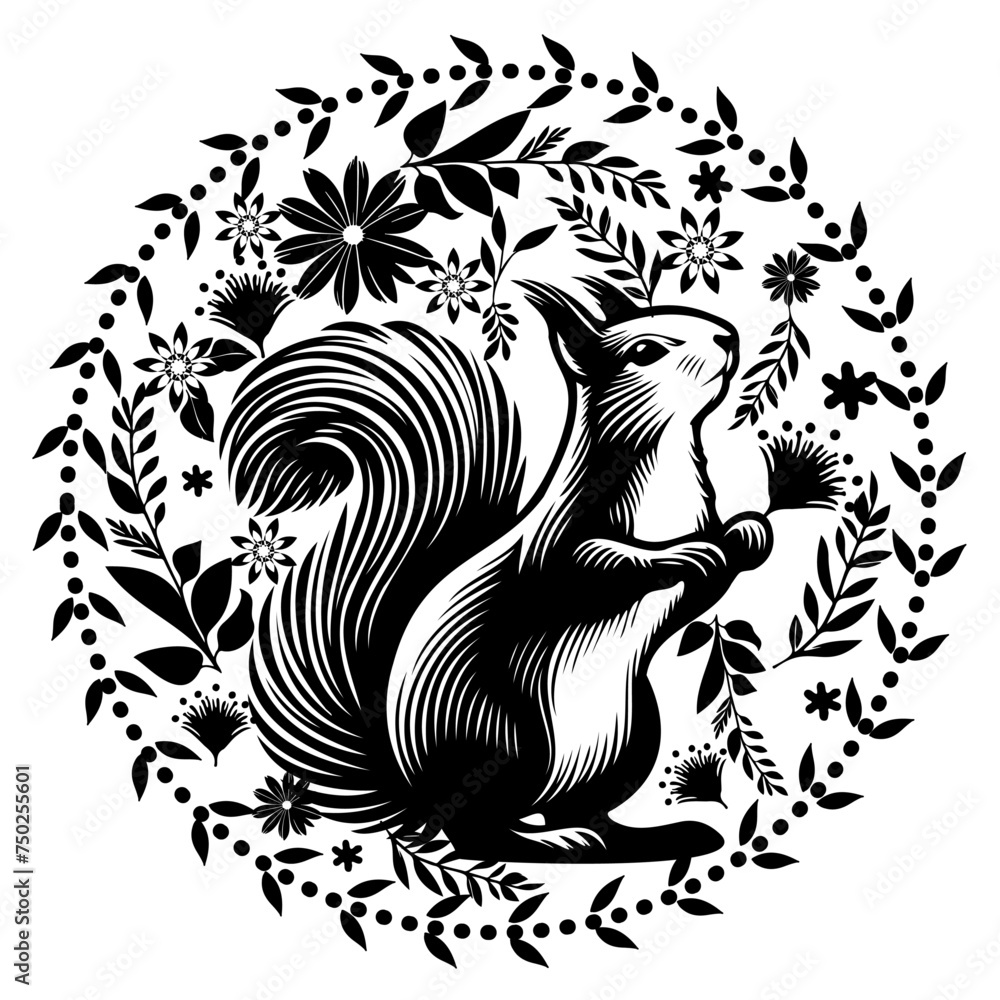 black and white vector silhouette illustration, cute squirrel in round botanical frame	
