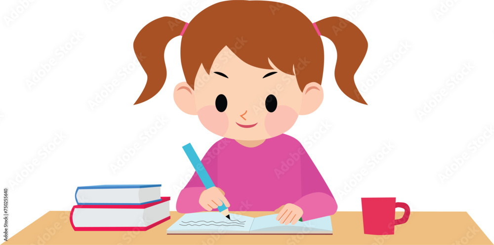 A girl wearing pink clothes studying. Pencil, notebook. school. Education. Vector Illustration. A girl wearing pink clothes studying. Pencil, notebook. school. Education. Vector Illustration.