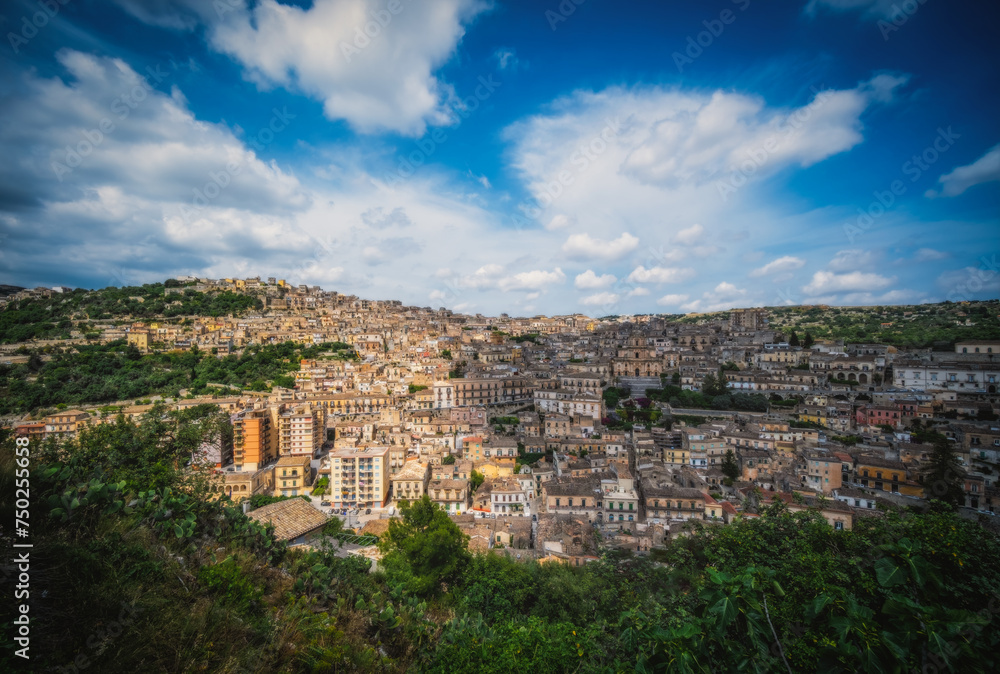 Italy, Sicily, Modica Ragusa Province , panoramic view of the baroque town. June 2023