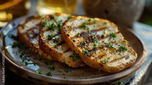 Grilled bread with garlic and herbs. Generative AI