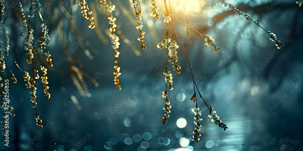 Spring earrings on a willow tree. Willow branches in spring. Flowering willow branches glow in sunlight outdoors in spring on dark background close-up macro. - obrazy, fototapety, plakaty 