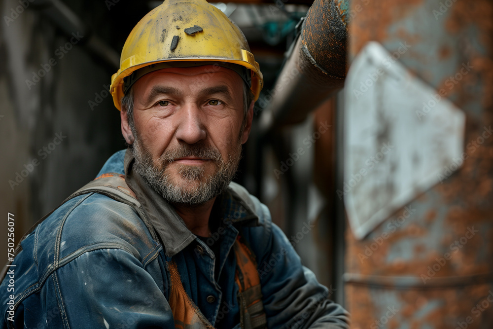 Plumber in a factory, senior man with experience and hard life in rusty pipes in the construction industry Plumber in a factory, senior man with experience and hard life in rusty pipes in the construction industry