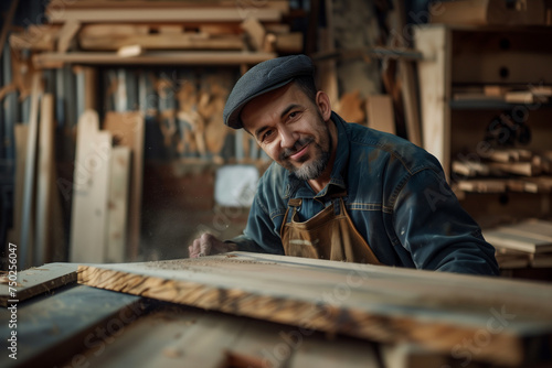 Carpenter smiling in front of the wood carving and shaping furniture in his workshop