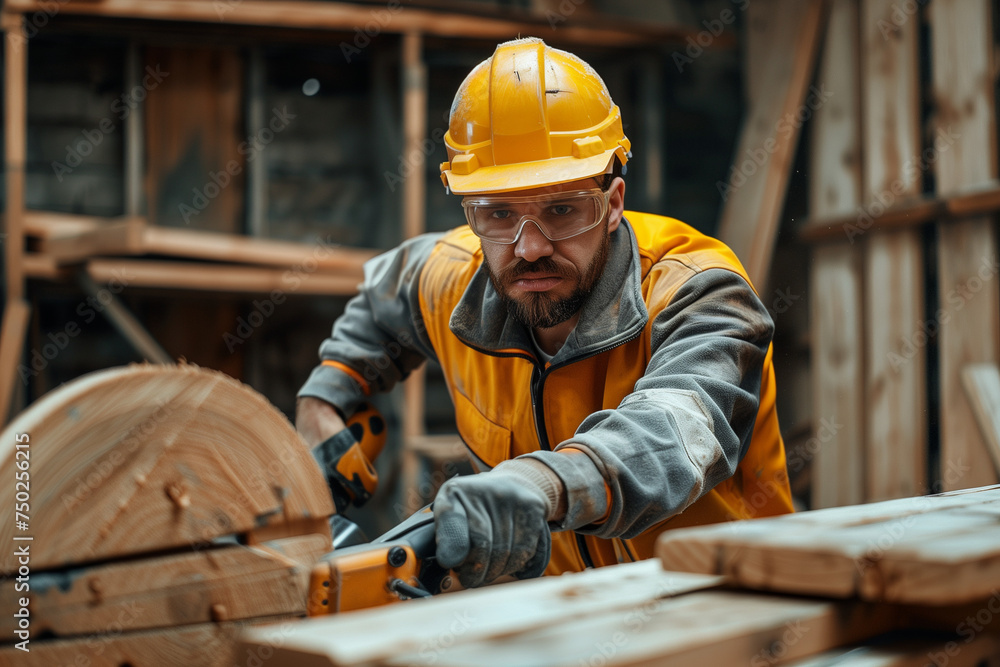 Carpenter sawing boards with a gesture of effort and fatigue, occupational hazard protection with professionalism Carpenter sawing boards with a gesture of effort and fatigue, occupational hazard protection with professionalism