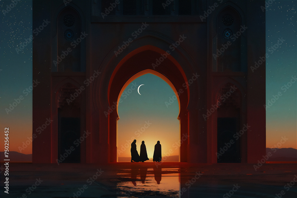 Fototapeta premium Muslims Go back from the Mosque in the desert at sunset