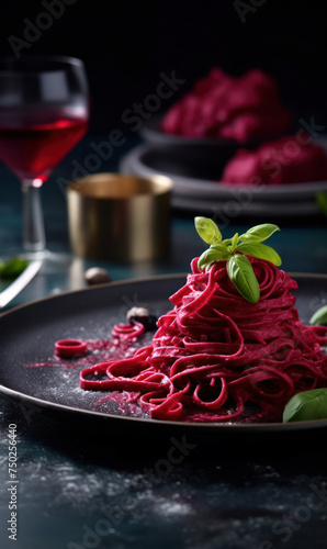  A plate of beetroot-infused pasta topped with fresh basil, served with red wine, creating a gourmet dining experience.