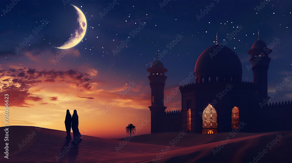 Muslims Go to pray to the Mosque in the desert at night with stars and crescent moon