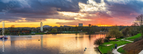 Willen Lake sunset panorama. Milton Keynes. England photo