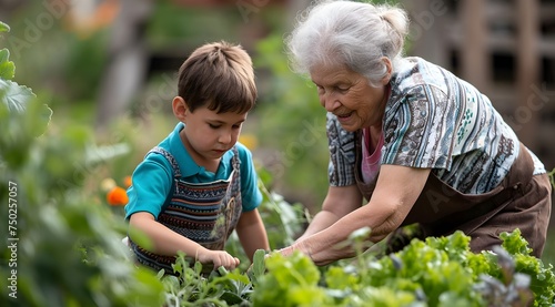 happy elderly woman, grandmother, together with her grandson, works in the garden, in the vegetable garden