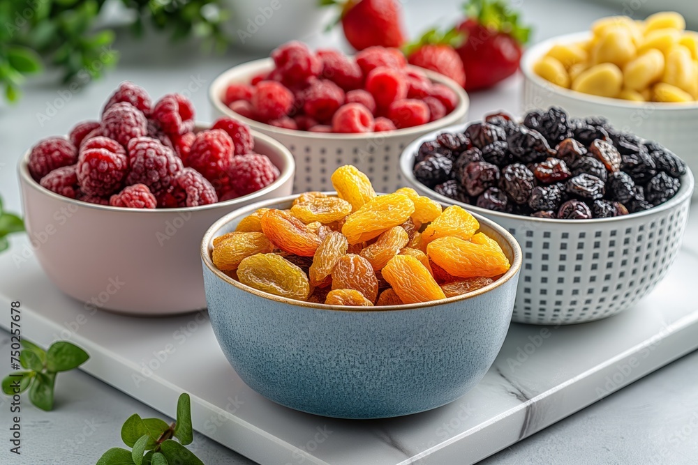 Assorted dried fruits in ceramic bowls Assorted dried fruits in ceramic bowls
