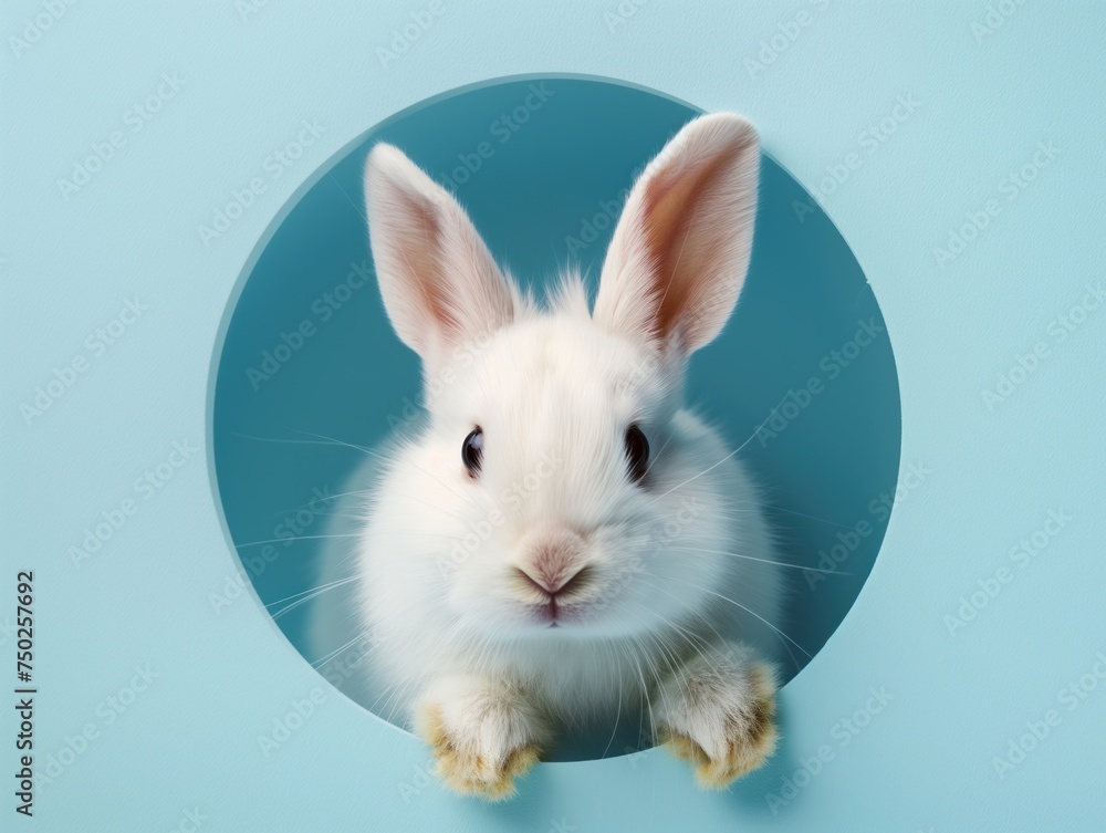a cute realistic white rabbit peeking through a hole on a blue background. The hole is round and has black edges. The background is light and uniform blue. a cute realistic white rabbit peeking through a hole on a blue background. The hole is round and has black edges. The background is light and uniform blue.
