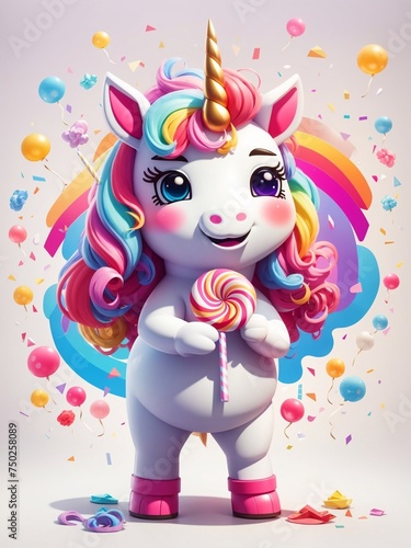Beautiful cute cheerful happy unicorn cartoon character holding a lollipop in bright colors, with colorful balloons and rainbow in the background. Beautiful funny art of cute magical unicorn for girls