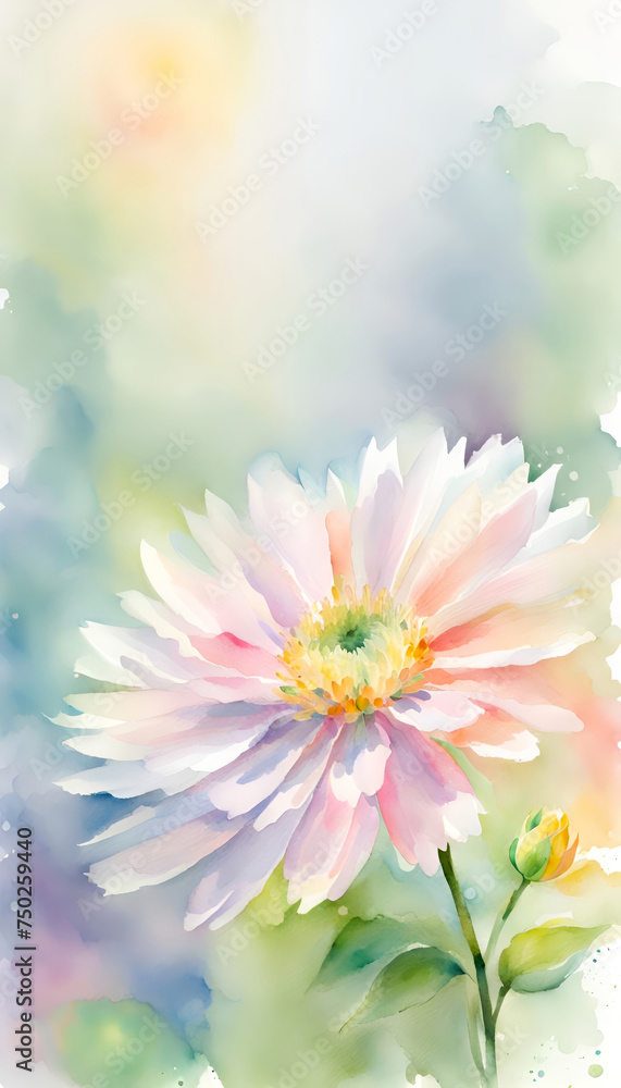 Fototapeta premium A watercolor style illustration of spring flowers in pastel colors and soft green background with open space for text. 