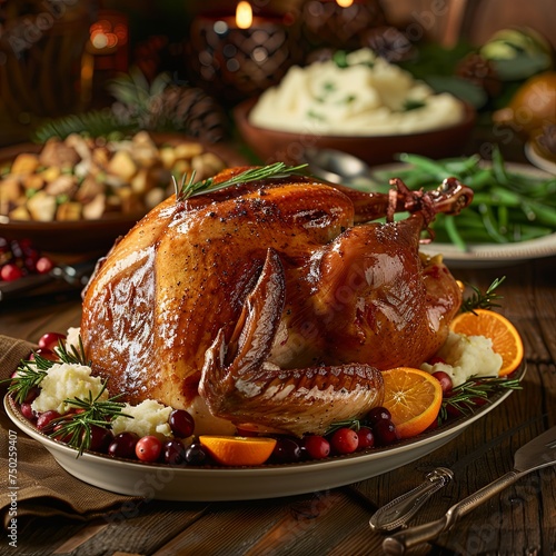 Close-up of a golden-brown turkey on a platter