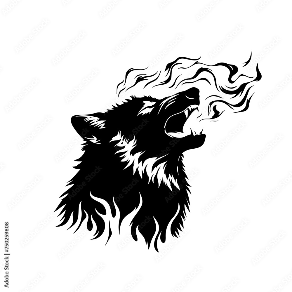 Flames engulf angry wolf head Logo Design