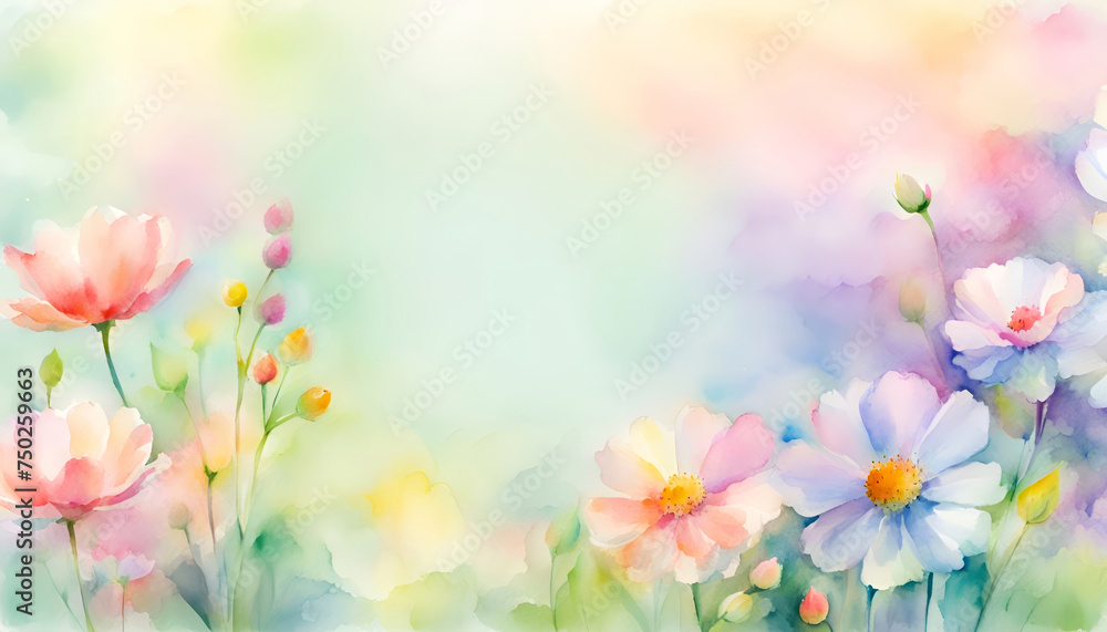 A watercolor style illustration of spring flowers in pastel colors and soft green background with open space for text. 