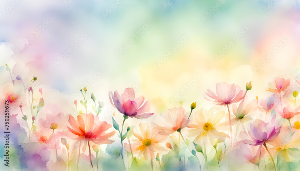 A watercolor style illustration of spring flowers in pastel colors and soft green background with open space for text. 