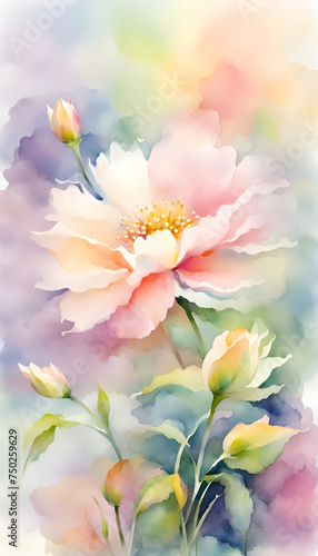 A watercolor style illustration of spring flowers in pastel colors and soft green background with open space for text.  © Elle Arden 