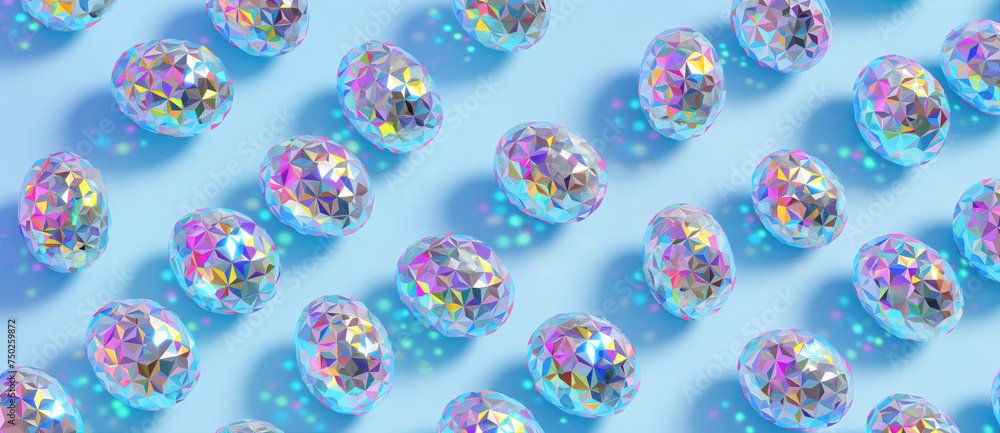 Easter eggs like a disco ball on pastel light blue background with high shadows. Happy Easter holiday pattern, top view Easter eggs like a disco ball on pastel light blue background with high shadows. Happy Easter holiday pattern, top view