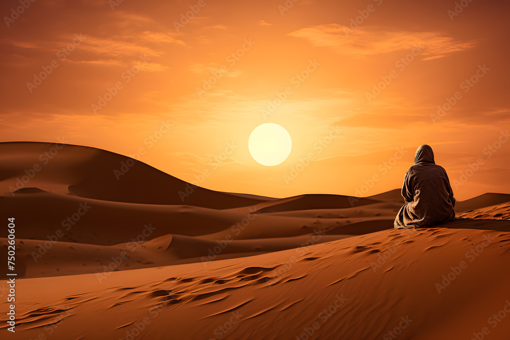 person sitting on dune in the desert, sitting on a dune in the desert, desert dune