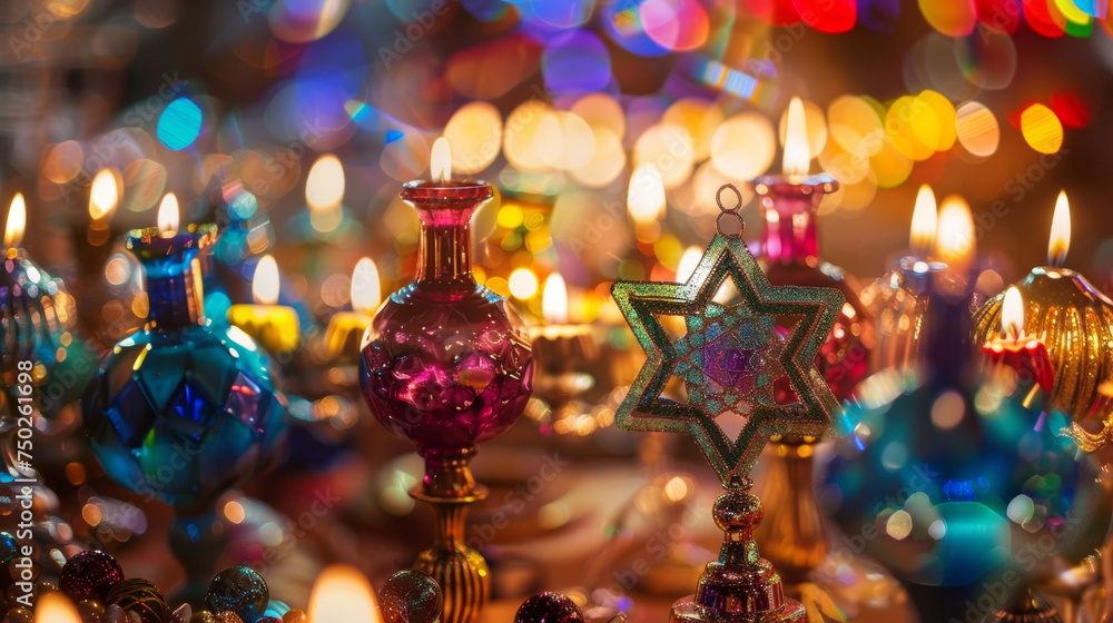 A kaleidoscope of colors in an array of Hanukkah decorations from glittering garlands to sparkling ornaments. A kaleidoscope of colors in an array of Hanukkah decorations from glittering garlands to sparkling ornaments.