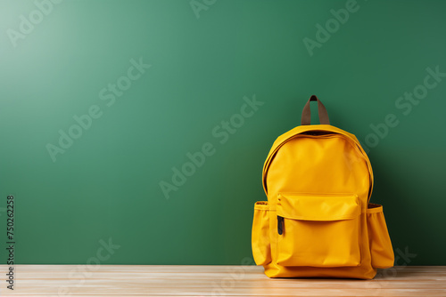 back to school yellow backpack on a green chalkboard