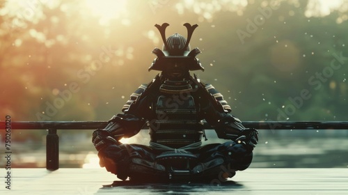 An experienced samurai sits in meditation his armor gleaming in the sunlight as he reflects on the principles of bushido.