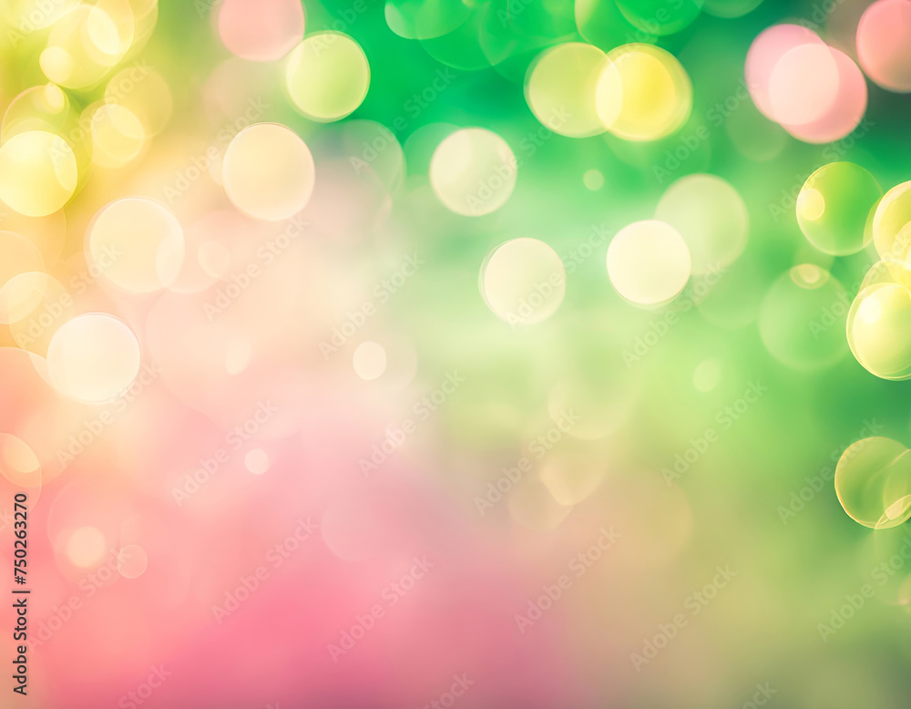 A soft spring bokeh light blur background in pink, green and gold colors. 