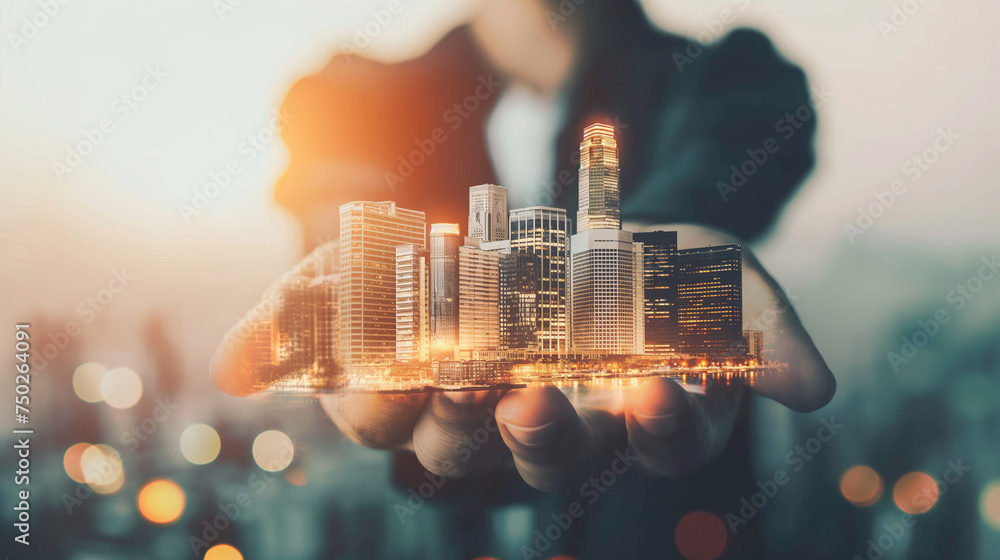 Businessperson holding media image of city in palm. New technologies. - obrazy, fototapety, plakaty 
