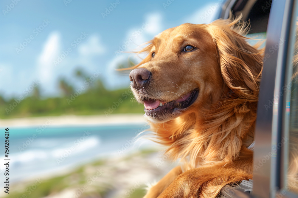 A brown golden retriever pokes his head out of a car window, seaside, coconut trees