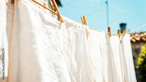  White laundry hanging on a line with a sunny backdrop, invoking the freshness of outdoor drying.