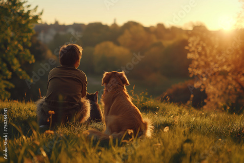 family with golden retriever and cat pets on grass in park on evening
