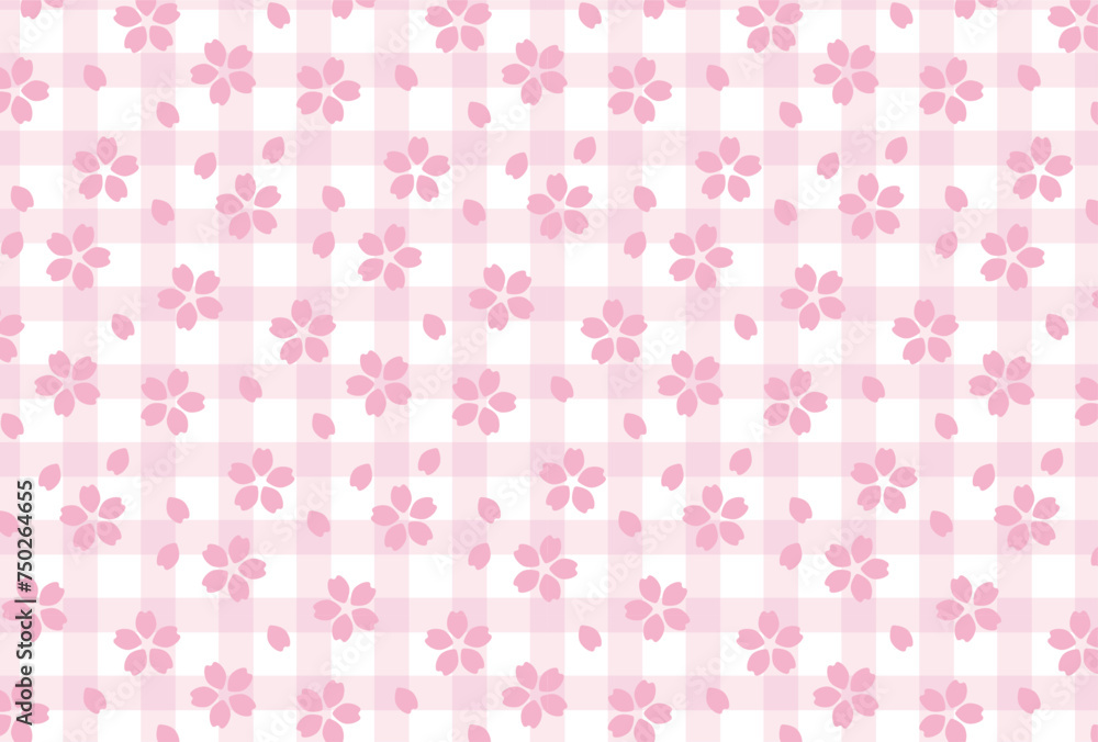 seamless pattern with cherry blossoms and gingham plaid for greeting cards, flyers, social media wallpapers, etc. 