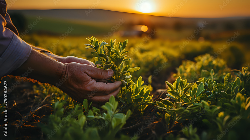 Sustainable Farming at Golden Hour.
A farmer's hands tenderly inspecting crops in the field during the golden hour, symbolizing sustainable agriculture and connection with the earth.