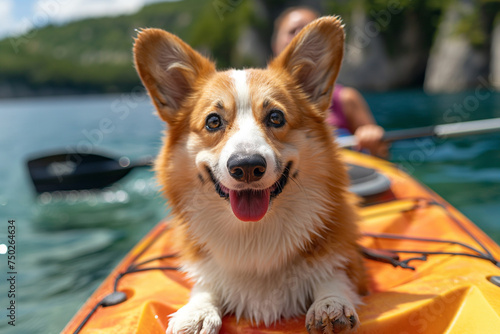 a corgi with owner kayaking on a beautiful lake