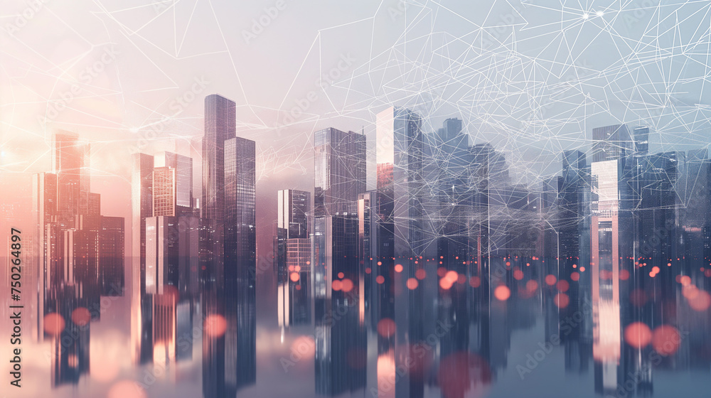 Abstract city skyline with reflections and polygonal network. Communication and urban digital transformation. 3D Rendering. - obrazy, fototapety, plakaty 