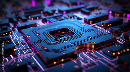 Futuristic Circuitry Close-up. An intricate network of circuits glows with neon lights, symbolizing advanced technology and electronic sophistication, ideal for tech and innovation concepts.