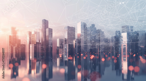 Abstract city skyline with reflections and polygonal network. Communication and urban digital transformation. 3D Rendering.