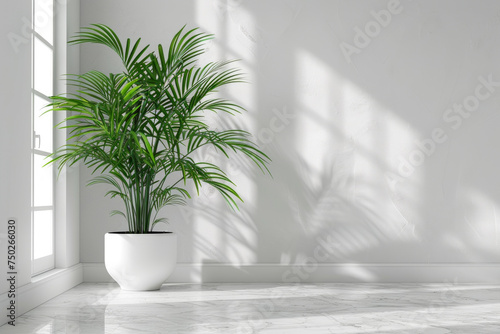 Tropical-looking houseplants in white pots in a minimalist, simple, white-walled living room with a calming atmosphere. Mockup and plant concept.