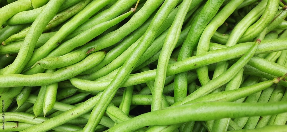 Heap of fresh green beans uncooked. Raw Green Organic French String Beans sold in traditional market Indonesia Heap of fresh green beans uncooked. Raw Green Organic French String Beans sold in traditional market Indonesia