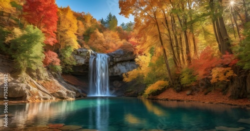 Vibrant colors of autumn foliage reflecting in the pool below the waterfall