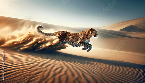 a leopard runs across the sand, ultra-wide angle lens. clean-photo